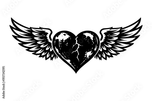 Black and white illustration of a broken heart with wings symbolizing freedom and love