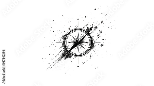 Black and white illustration of a compass on white background with an abstract ink blot design