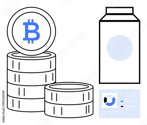 Cryptocurrency concept. Cryptocurrency with Bitcoin stacks, blockchain diagram, and digital financial elements. Cryptocurrency usage includes trading, security, and fintech innovations