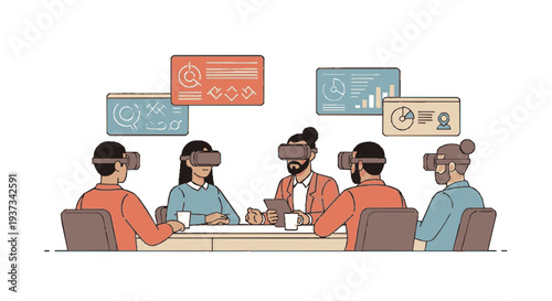 Diverse group of people wearing vr headsets sitting around a table with digital screens floating above