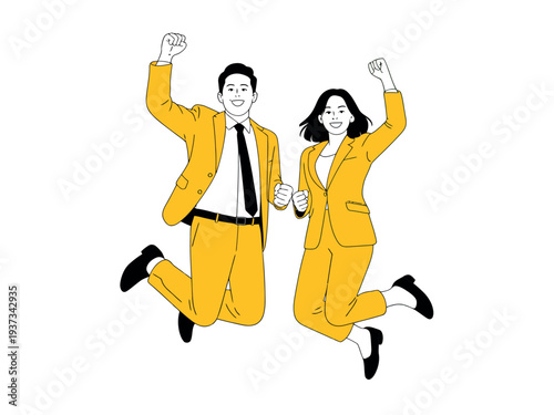 Happy business people jumping together in yellow suits with fists raised in celebration