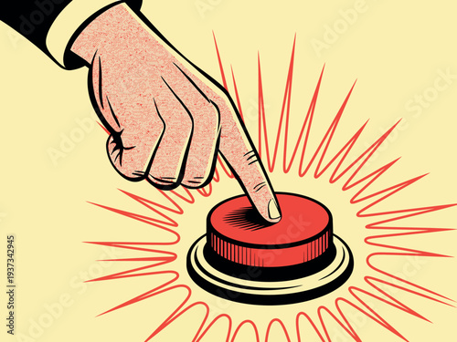 Hand pressing large red button with explosion lines on yellow background illustration