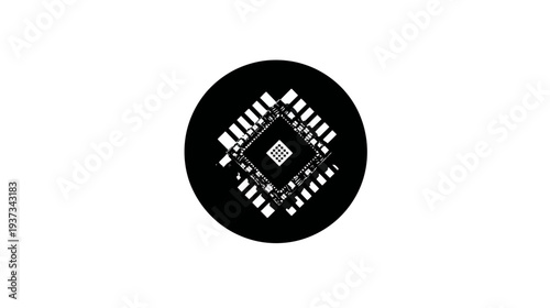 Black and white image of a circular shape containing what appears to be a microchip