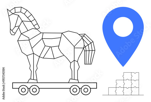 Trojan horse concept. Trojan horse symbol highlights cybersecurity risks and strategic deception. Trojan horse linked with geolocation and problem-solving visuals. For cybersecurity, geolocation