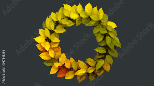 A ring of colorful leaves, in autumn shades of gold and green, sits on a dark background