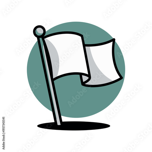 Waving white blank flag planted firmly into the ground against a muted teal.