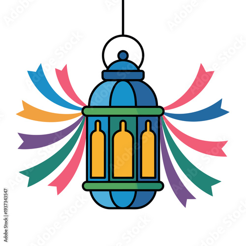 Hanging decorative lantern emits warm light surrounded by vibrant colorful.