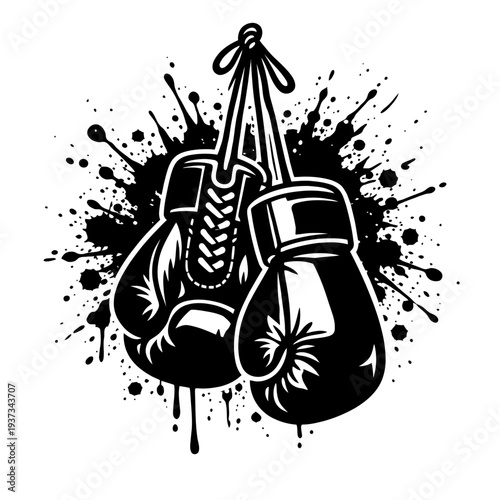 Black and white boxing gloves hanging from a rope, surrounded by splatters
