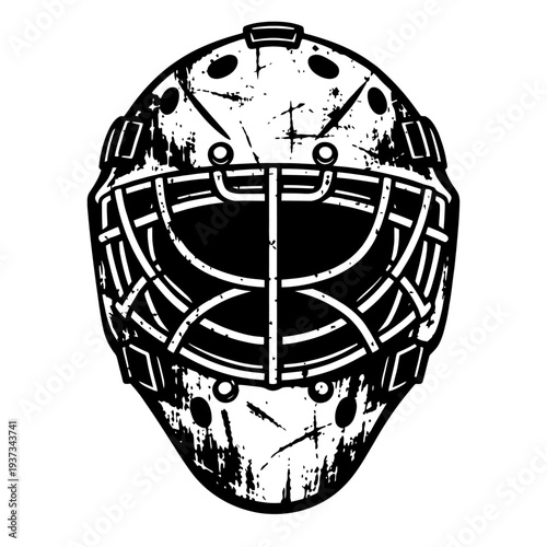 Vintage hockey goalie mask illustration on a white background with black details and scratches