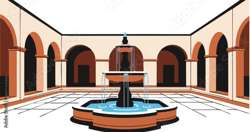 Spanish Courtyard with Fountain Vector Illustration