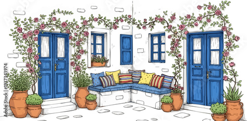 Greek Island House with Blue Doors and Bougainvillea Vector Illustration