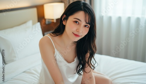 朝のベッドで微笑む白いキャミソール姿の若い女性