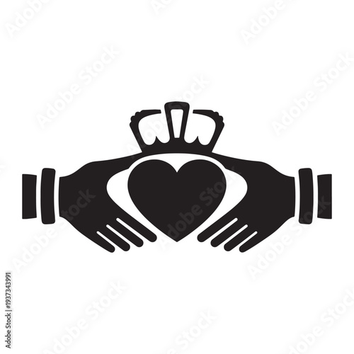 A symbolic illustration of hands holding a heart with a crown on a white background silhouette
