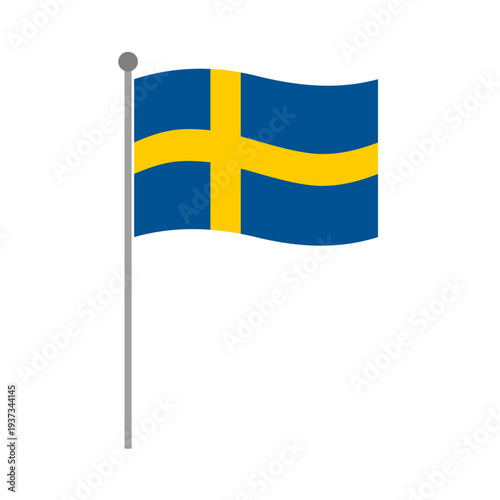 Sweden national flag waving on flagpole vector illustration with blue field and yellow Nordic cross