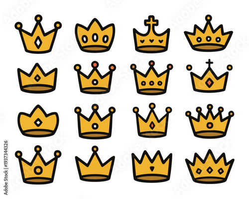 Collection of hand-drawn golden crowns with jewels and crosses, cartoon royal symbols for fairy tale