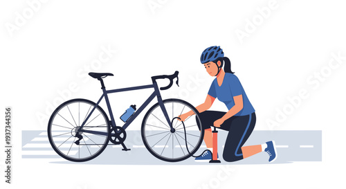 A female cyclist in a blue helmet and athletic wear kneels to inflate the front tire of her dark blue road bicycle on an asphalt road.