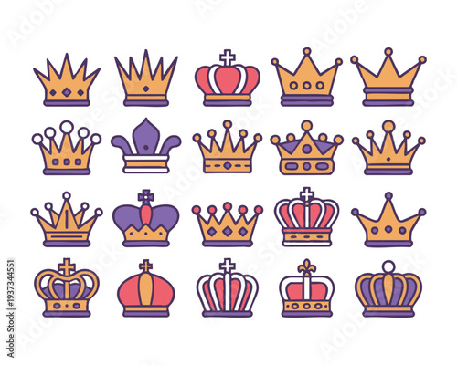 Set of crowns in flat style. king crown icon, queen crown, royal jewelry, luxury tiara collection