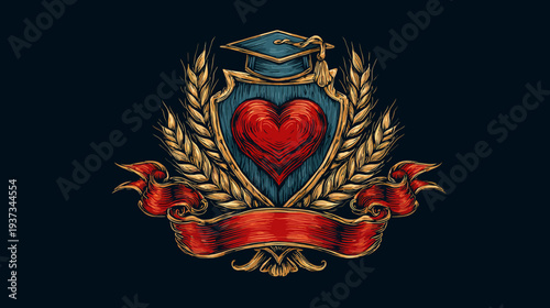 A heart encased in a shield, adorned with wheat, a mortarboard, and a ribbon