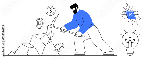 Cryptocurrency, blockchain, fintech, AI innovation, data mining, financial technology. A person mining coins with a pickaxe. Cryptocurrency and blockchain concepts with visuals