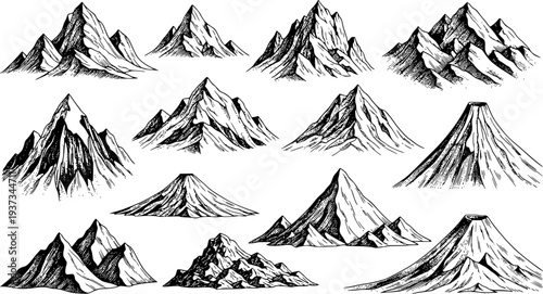 Mountain chain snowy peaks, rocky hills end volcanoes. High mountains with sharp tops, gorges and steep slopes, northern terrain nature landscape element engraved vector set