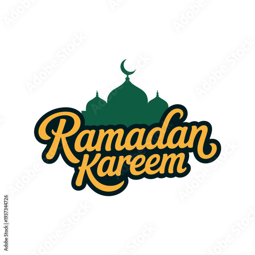 Elegant calligraphy script proclaims Ramadan Kareem greetings beneath a traditional mosque silhouette.
