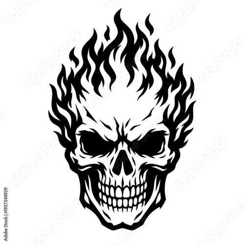 black and white skull with flames illustration on white background