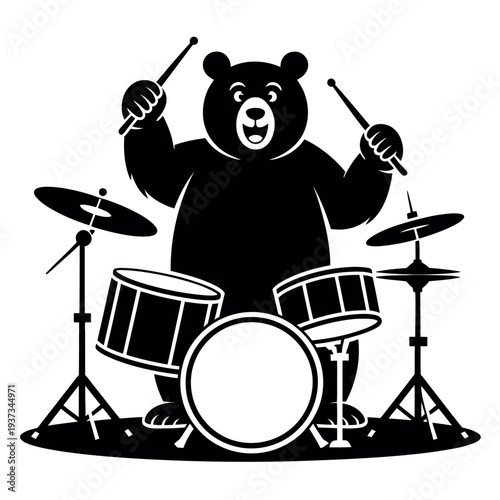 Joyful cartoon bear enthusiastically plays a full drum set with sticks raised high.