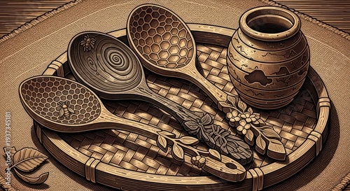 Artistic wooden spoons and ceramic pot arranged on woven tray for display