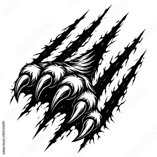 Black and white illustration of a claw with sharp nails and motion lines
