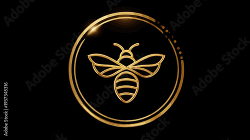 A golden, ornate bee outline, within a golden circle with textured shading, against black