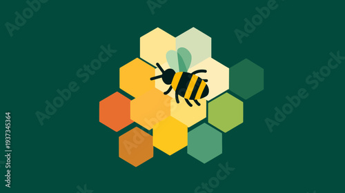 A stylized illustration features a bee hovering over a honeycomb, set against a dark green background