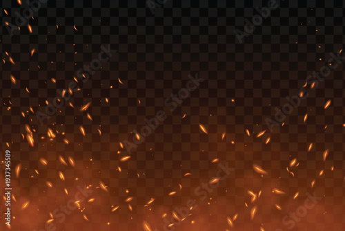 Glowing orange particles on a dark background with a transparent checkered pattern