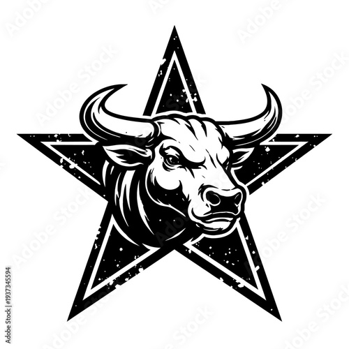 A black and white illustration of a bull's head with large horns in the center of a five-pointed star, symbolizing strength and power.