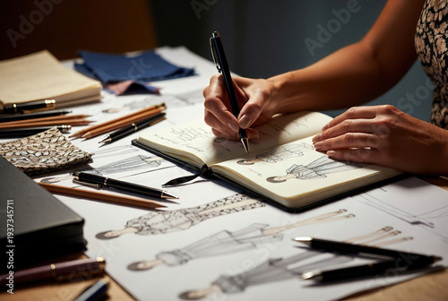 Close up of designer's hands sketching intricate fashion details in a notebook. Ideal for arts, design education, and creative process storytelling.
