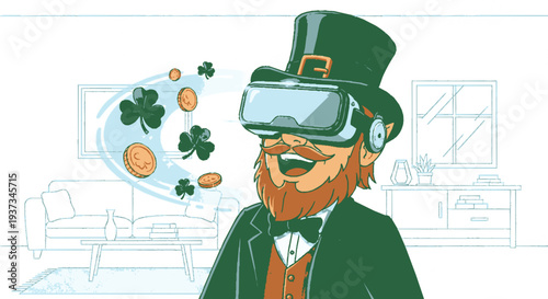 Leprechaun wearing virtual reality headset with coins and shamrocks floating around in living room