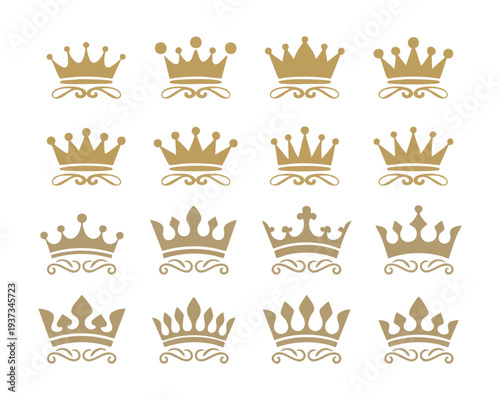 Golden crown icons with elegant flourishes vector collection for luxury branding and premium design