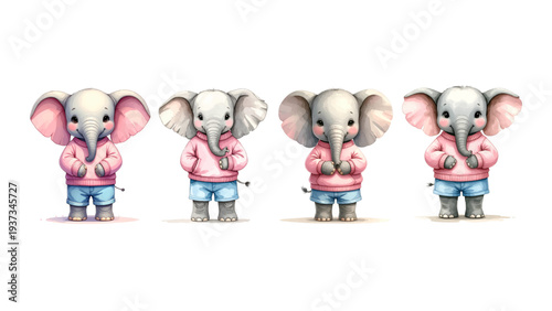 Cartoon Elephants Wearing Pink Shirts and Blue Pants.