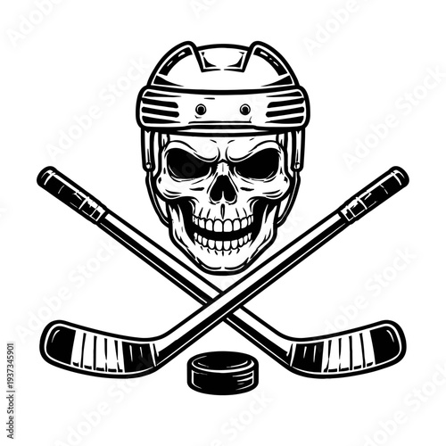 Skull wearing hockey helmet with crossed hockey sticks and puck graphic design element