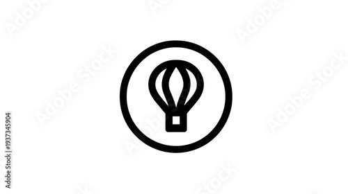 Black graphic of a hot air balloon, within a circle, on a white background