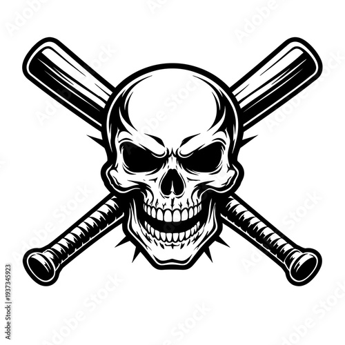 crossed baseball bats and skull graphic design element for logo or emblem with bold lines and detailed shading