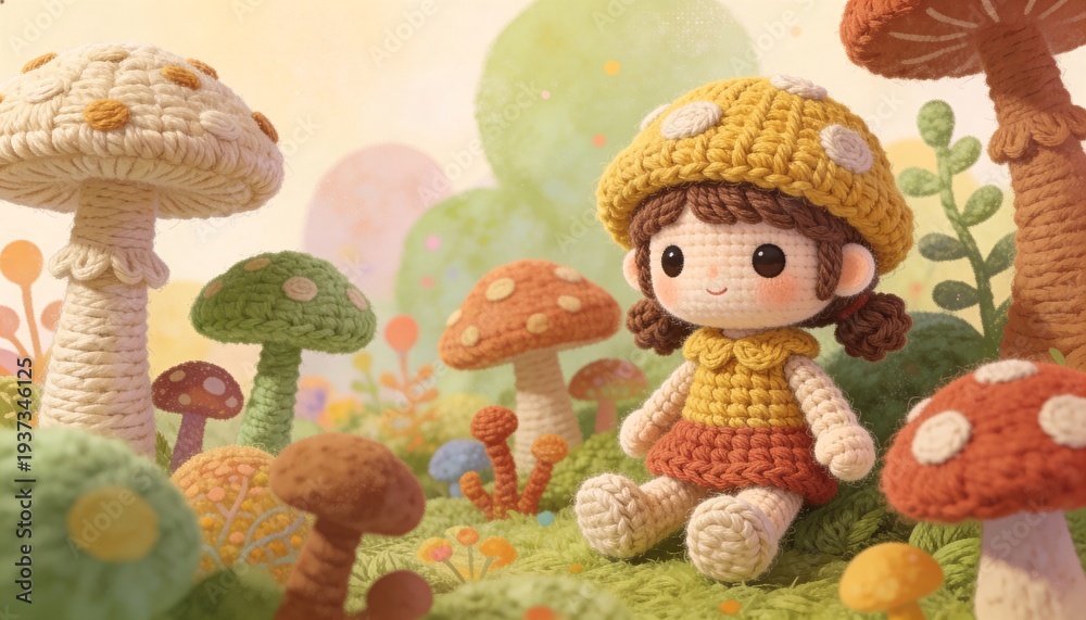 Fototapeta premium Little girl crochet doll sitting in magical forest with felt mushrooms. Cute handmade toy character in fairy tale landscape. Amigurumi craft hobby, whimsical childhood art creation.