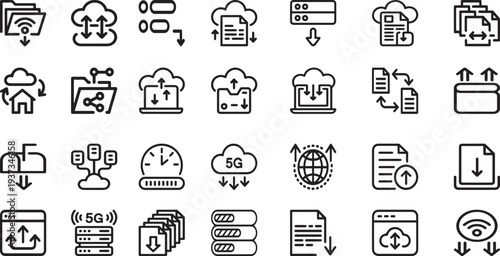 cloud computing data transfer and 5g network thin line icons