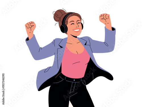 Happy Woman Wearing Headphones Dancing Energetically in Business Casual Outfit with Big Smile