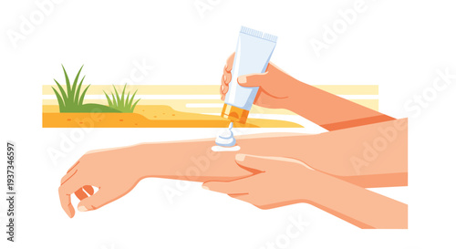 One hand squeezes a dollop of white cream from a tube onto the forearm of another hand, set against a stylized outdoor background.