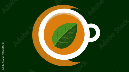 Illustration of a teacup with a tea leaf floating inside, set against a dark green backdrop