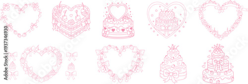 Hand drawn coquette pink sticker set for Valentines day, wedding invitation, birthday card. Cute girly bows, ribbons, cherry, cake, toy bear, cocktail, rose, strawberry. Vintage vector illustration. 