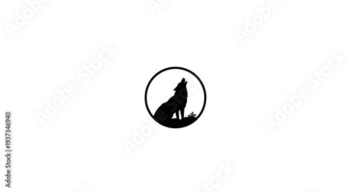 Black silhouette of a howling wolf within a circular frame, set against a pristine white backdrop