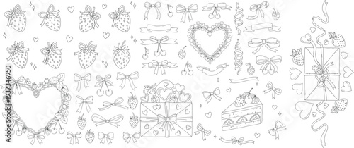 Hand drawn coquette pink sticker set for Valentines day, wedding invitation, birthday card. Cute girly bows, ribbons, cherry, cake, toy bear, cocktail, rose, strawberry. Vintage vector illustration. 