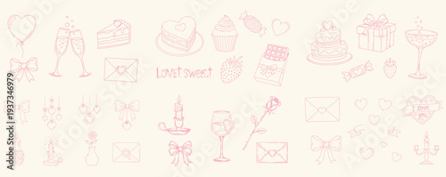 Hand drawn coquette pink sticker set for Valentines day, wedding invitation, birthday card. Cute girly bows, ribbons, cherry, cake, toy bear, cocktail, rose, strawberry. Vintage vector illustration. 