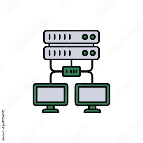 A computer network diagram illustrates connectivity between servers and workstations.